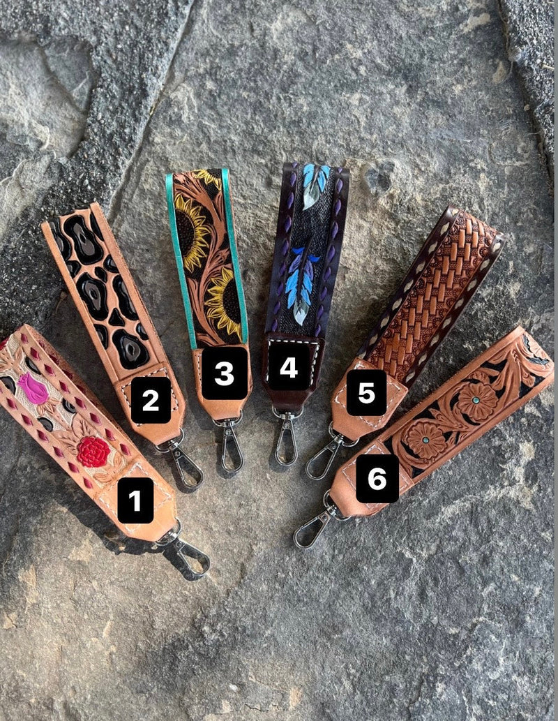 Floral tooled leather keychains